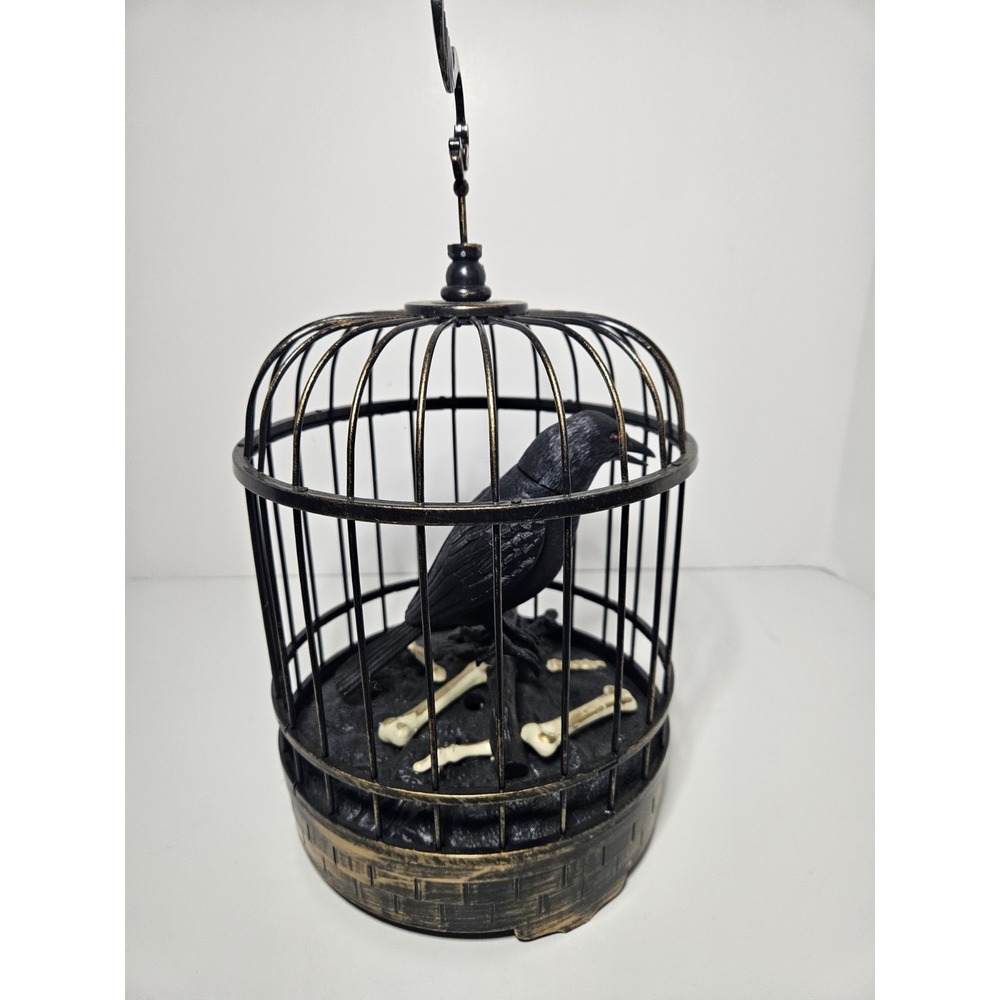 Talking Raven Crow Bird Cage Halloween Prop Decor Home Accents Holiday Animated